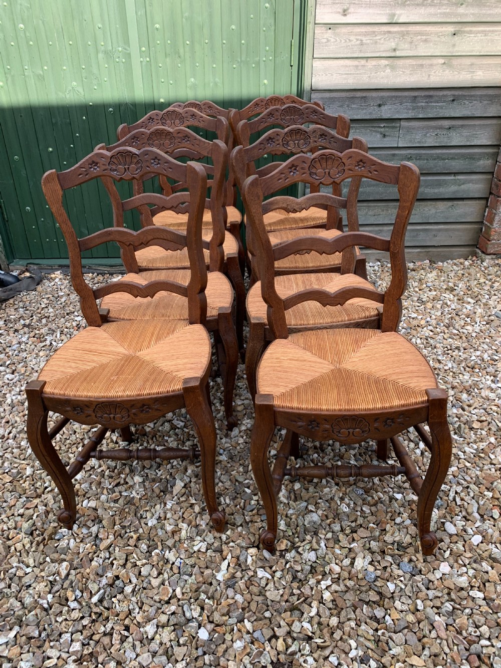 set of 8 oak and rush seated chairs