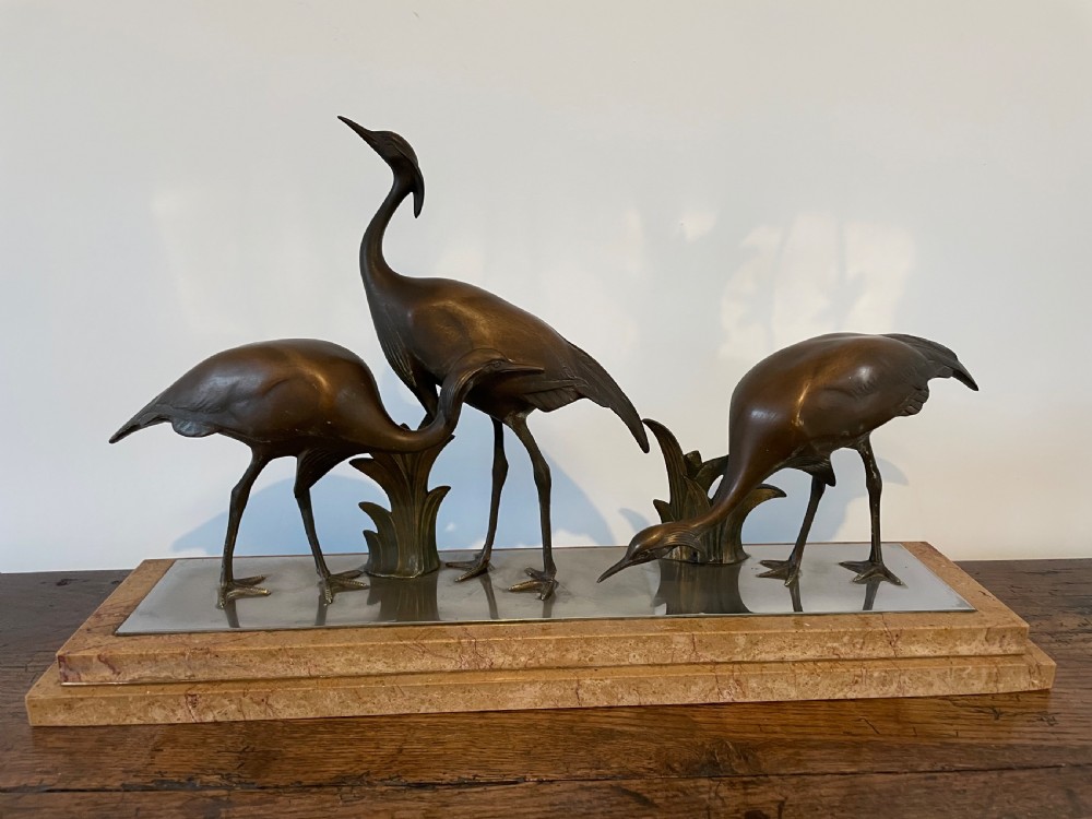 art deco bronze group of 3 cranes by andras sinko
